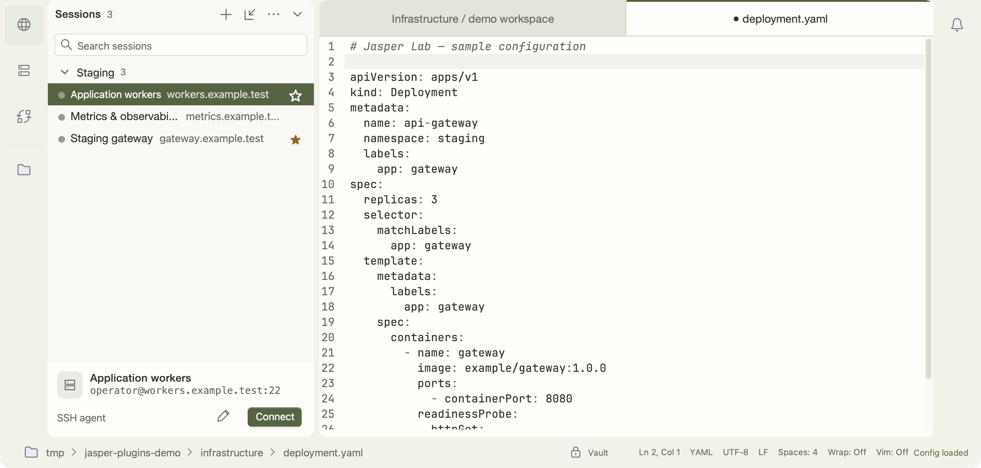 Jasper workspace with Remote’s saved SSH sessions beside a sample deployment file open in the built-in Editor