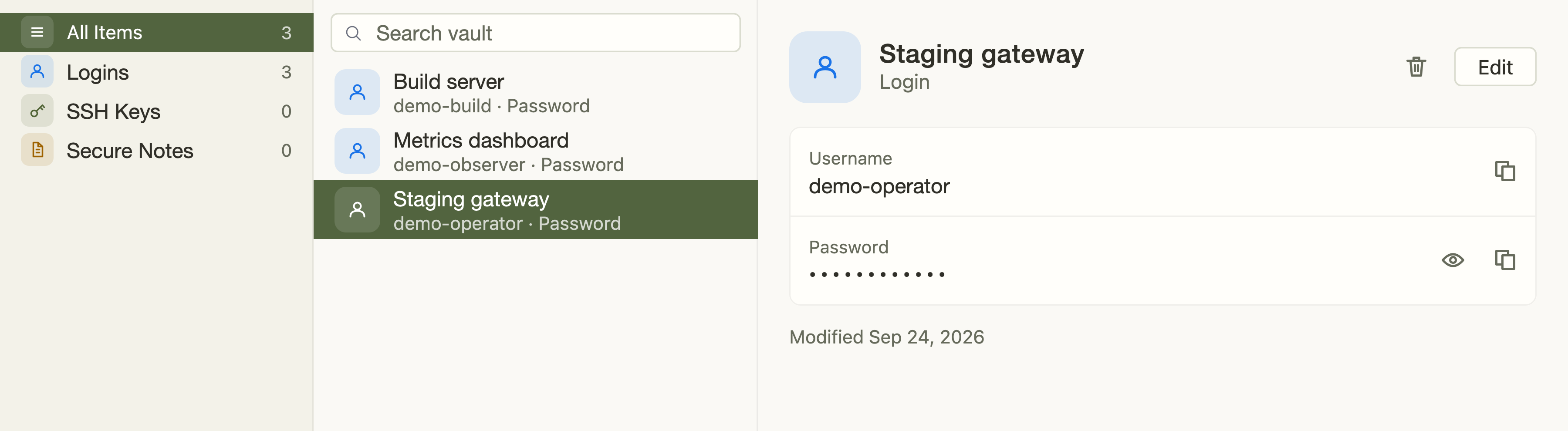 Credential Vault with three fictional accounts, demo-operator selected and its password masked